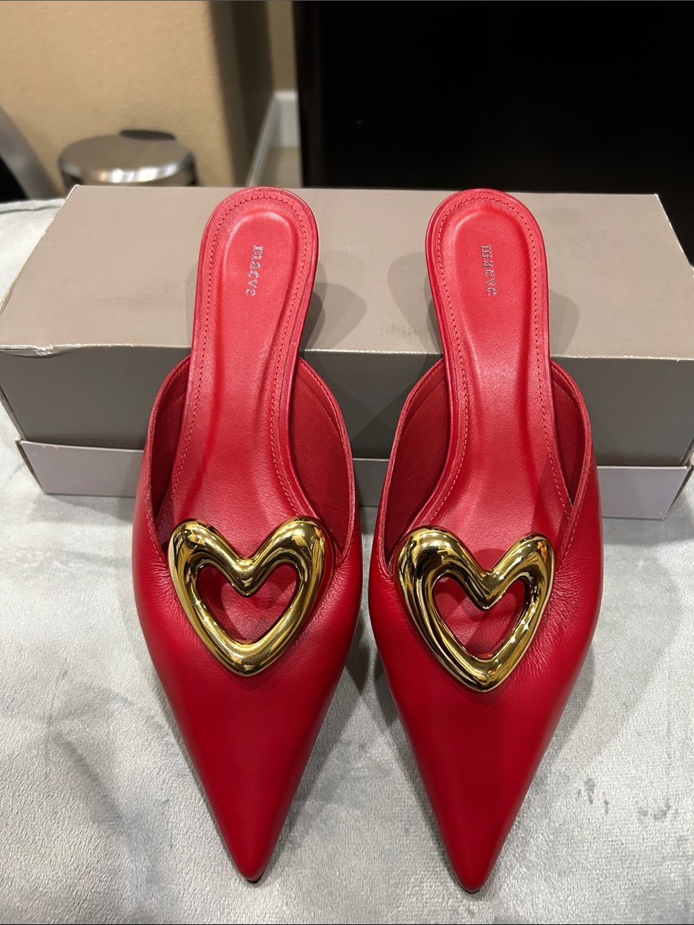 Maeve Red Pointed Leather Mule with Gold Heart Accent